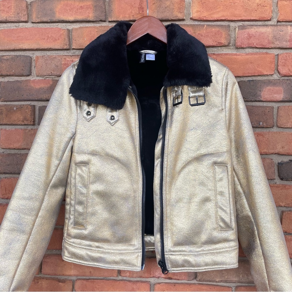 Divided H&M Jacket Gold Crackled Faux Fur Trim Matrix Motorcycle Coat Sz 2 - Picture 3 of 8